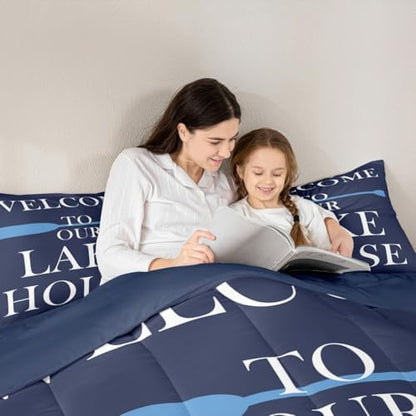 Lake House Comforter Set King Size, Blue Paddle Lake Camper Bedding Set 3pcs, Rustic Farmhouse Lake Life Navy Blue Down Comforter for All Season, Kids Boy Girl Room Decor, 2 Pillowcases, No Sheets
