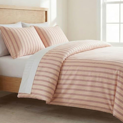 Bedbay 100% Cotton Striped Duvet Cover Set King Size, Warm Apricot Bedding Set, 100% Cotton Sateen, Silky Soft Cozy 3 Piece Duvet Cover for All Seasons