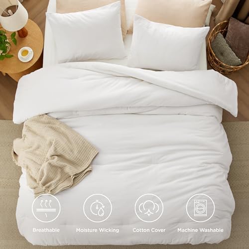 Bedsure PureWoven Cotton Comforter Set Prewashed, Queen, White