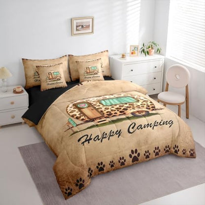 Erosebridal Happy Camping Boys Comforter Set with Sheets King Size Camper Decor 7 Piece Bedding Set Brown Leopard Print Bed in A Bag for Kids Teens Room Rustic Farmhouse Cabin Bed Sets
