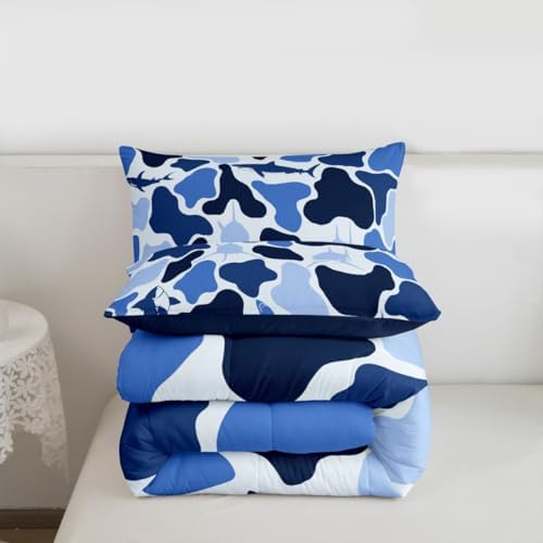 Feelyou Blue Camo Comforter Set Toddler Size Shark Fish Bedding Set for Kids Boys Girls Camouflage Duvet Quilt Military Style Bedroom Decor Microfiber 2 Pcs with 1 Pillow Cases