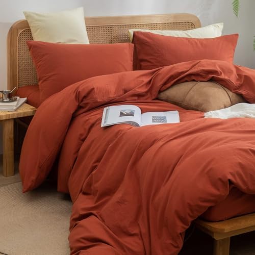 BESTOUCH Cotton Solid Duvet Cover Set Burnt Brick Red Alaska King