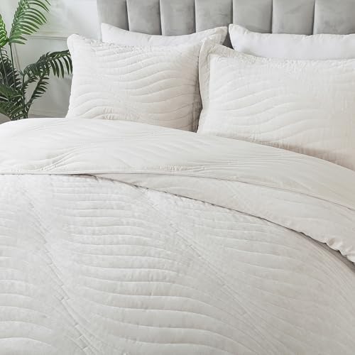 HoneiLife Quilt Set Queen Size - Velvet Quilt Sets 3-Pieces, Stripe Bedspread for Queen Beds, Queen Quilt Bedding Sets All Season Quilts- Nature White