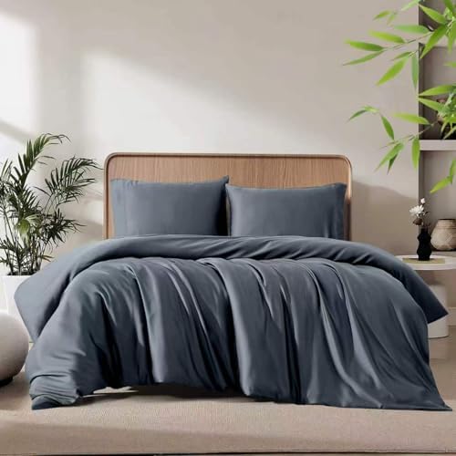 Queen Duvet Cover Set 3 Pieces, 100% Organic Viscose derived from Bamboo, Luxuriously Soft & Cooling, 1 Duvet Cover and 2 Pillowcases, 90" x 90"(Queen, Dark Grey)