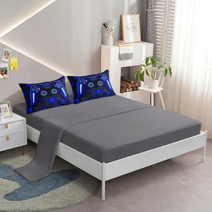 6 Pieces Boys Queen Size Gaming Comforter Set, Blue 3D Cool Video Game Controller Bed in a Bag with Sheets, Soft Lightweight Microfiber Gamer Bedding for Kids Teens, All Season Room Decor Queen52