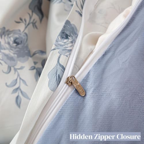 OAITE Queen Duvet Cover Set 3pcs 100% Cotton Vintage Blue Rose Floral