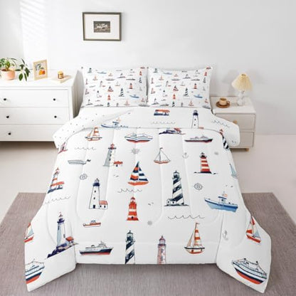 Lighthouse Comforter Set Queen Size,Nautical Anchor and Boat Rudder Quilted Duvet Kids Boys Undersea Adventure Bedding Set 3pcs for Teens Men Room Decor Modern White Duvet Insert,2 Pillowcases
