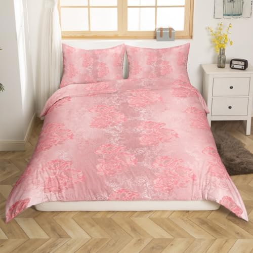 Erosebridal Pink Damask Duvet Cover Set Full Size Vintage Floral Luxury Comforter Cover Flower Decor Soft Microfiber Women Bedding Set with Zipper Ties Luxury Duvet Cover for Adult Women Men Girls