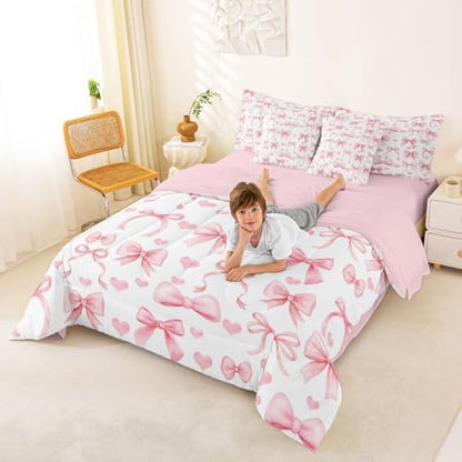 Erosebridal Princess Bow Bed in a Bag King Size Comforter Set 7 Pieces | Pink Bow Tie Bedding Sets Cute Ribbon Bowknot Comforter and Sheet Set, Girly Kawaii Love Hearts Bed Sets
