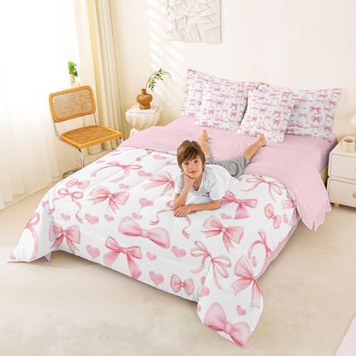 Erosebridal Princess Bow 7 Piece Comforter Set Full Bed in a Bag | Pink Bow Tie Bedding Sets Cute Ribbon Bowknot Comforter and Sheet Set, Girly Kawaii Love Hearts Bed Sets
