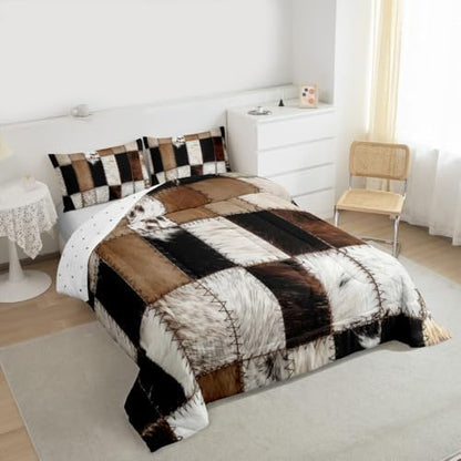 3D Cow Fur Print Comforter Set Cowhide Patchwork Plaid Bedding Set Western Farmhouse Animals Quilted Duvet 3pcs for Teens Girls Boys Men Room Decor Vintage Cowboy Style Bedspread Full Size