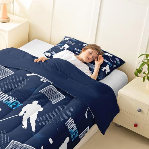 Castle Fairy Hockey Down Comforter Queen Size,White Silhouette Goal Bed in a Bag 3Pcs for Kids Teens Woman Men Room Decor,Navy Blue Quilted Duvet Sports Theme Bedspread,2 Pillowcases