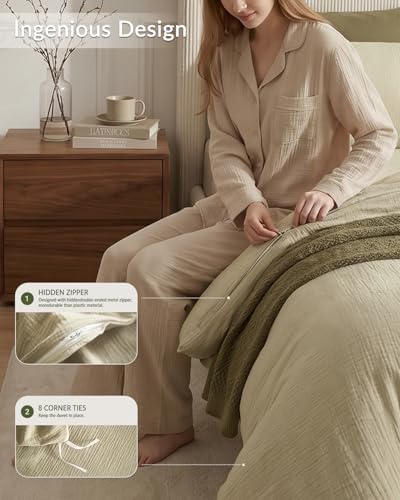 SE SOFTEXLY Muslin Duvet Cover Queen Size, 100% Washed Cotton Duvet Cover Set, Ultra Soft Comforter Cover Linen Like, 3 Pieces Minimalist Gauze Duvet Cover with 2 Pillowcases, 90"x90", Linen