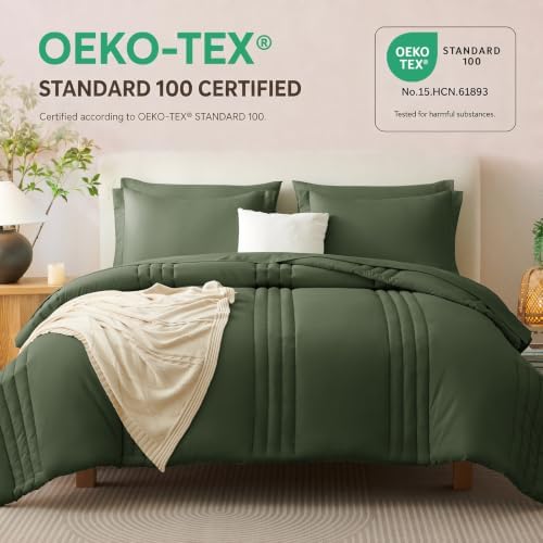 CozyLux Oversized King Comforter Set Olive Green- 7 Pieces Bed in a Bag