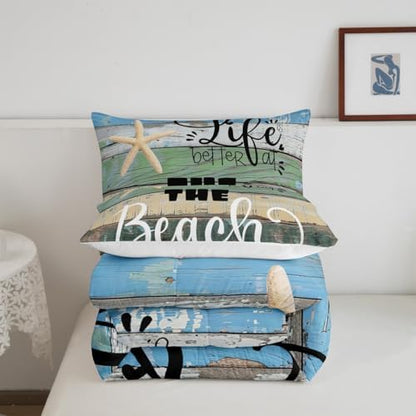 Beach Life Comforter Set Queen Size Blue Green Rustic Farmhouse Bedding Set for Kids Girls Women Bedroom Decor Starfish Cabin Wood Stripes Print Quilted Duvet Beach Camper Duvet Insert 3pcs