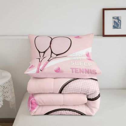 Castle Fairy Tennis Comforter Set Full Size Fashion Sports Ball Game Bedding Set Bedroom Decor Girly Pink Style Quilt Set for Kids Boys Girls Tennis Racket Duvet Insert 3Pcs