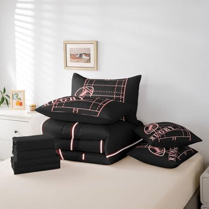 Sports Bedding Comforter Sets 7pcs Football Bed in a Bag for Boys, Neon Glowing Red King Bedding Sets Sport Theme Comforter Set, Soccer Rugby Bedding Sets & Collections Microfiber (Black Reversible)