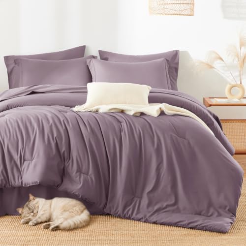 HIMEET Queen Comforter Set, 7-Piece Point-Quilted Bed in a Bag Dusty Purple