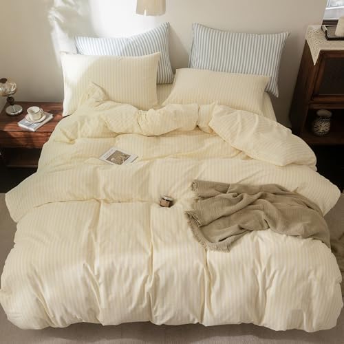 FOSSA Striped Duvet Cover Set 100% Washed Cotton Linen Feel California King