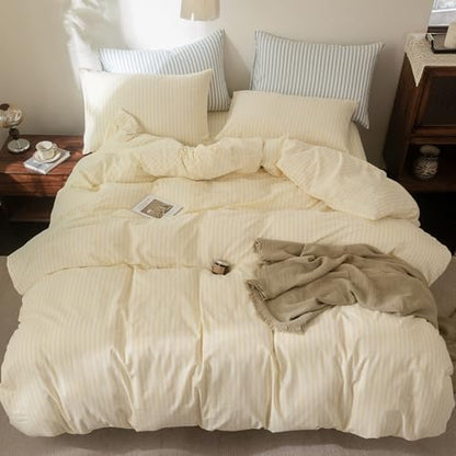 FOSSA Striped Duvet Cover Set 100% Washed Cotton Linen Feel Full