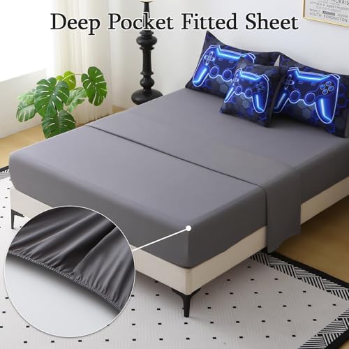 JQinHome Full Size Gaming Bedding Set 6-Piece Comforter for Boys Teens - 3D Video Game Print Bed in a Bag with Sheets, Blue Cool Black Design (Full)