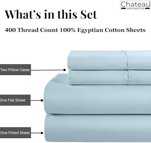 Full Size Sheets, 400 Thread Count 15" Deep Pocket Bed Sheets - Light Blue