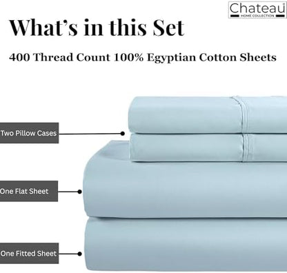 Full Size Sheets, 400 Thread Count 15" Deep Pocket Bed Sheets - Light Blue