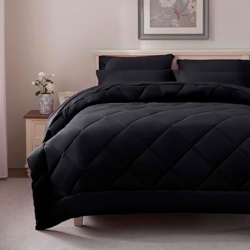 ELNIDO QUEEN® Queen Comforter Set Black - 7 Pieces Bed in a Bag Comforters Queen Size, Bed Set All Seasons, Black Bedding Sets with Comforter, Flat Sheet, Fitted Sheet, Pillowcases and Pillow Shams