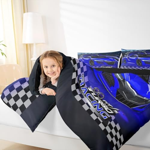 Feelyou Ombre Racing Car Bedding Set Toddler Size Kids Blue Speed Sports Car Bedding Set for Boys Girls Teens Extreme Sports Duvet Quilt Breathable Soft Lightweight Microfiber Room Decor