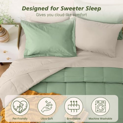 Queen Comforter Set with Sheets - 7 Pieces Bed in a Bag Green Bedding Sets