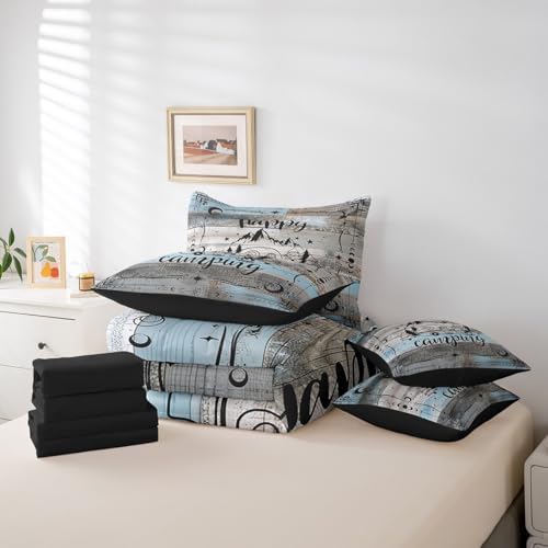 Erosebridal Rustic Camper Comforter Set 7 Piece Twin Camping Bunk Bed in A Bag Boho Moon Stars Rv Camper Decor Bedding Set for Travel Trailers,Camping Car Inside Accessories Bed Set Blue Grey