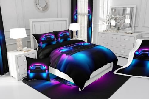 Boys Sports Car Comforter,Cool Blue Purple Race Car Bedding Set Twin Size for Kids Boys Girls Teens,3D Racing Cars Bedding Comforter Sets,Extreme Sports Theme Quilt Racing Games Race Cars Room Decor