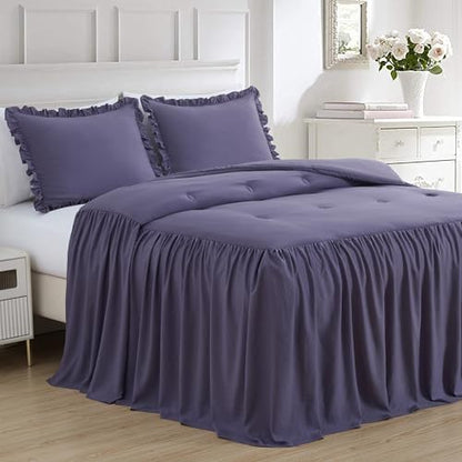 Chezmoi Collection Sinclair 2-Piece Ruffle Skirt Bedspread Set - Soft Lightweight Crinkle Texture Microfiber Bedding - French Country Chic Farmhouse - Twin, Dusty Purple