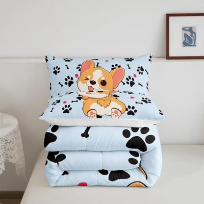 Castle Fairy Cute Corgi Comforter Set Full Size,Cartoon Dog Footprint Bones Bedding 3pcs for Kids Boys Girls Room Decor,Smiling Doggy Bedspread Family Paw Quilted Duvet with 2 Pillowcases,Blue