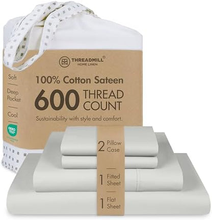 Threadmill 600 Thread Count Cotton Full Sheet Set, Sateen, Light Grey
