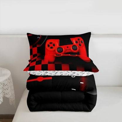 Gamer Comforter Set for Boys Teen Gaming Bedding Set Video Game Controller Home Decor for Men Child Buffalo Plaid Check Down Comforter Full Size 3 Pcs Duvet Set with 2 Pillow Shams,Black Red Geometric