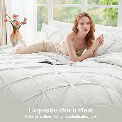 JOLLYVOGUE Twin Comforter Set 5 Pieces - Bed in a Bag Twin for All Season, Pintuck Bedding Comforter Sets with Comforter, Flat Sheet, Fitted Sheet and Pillowcases & Shams, White