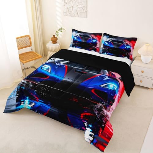 Feelyou Boys Sports Car Bedding Set Soft for Boys Girls, Racing Car Comforter Set Full Size Extreme Sports Duvet Quilt Microfiber Automobile Bedroom Decor 3 Pcs with 2 Pillow Cases