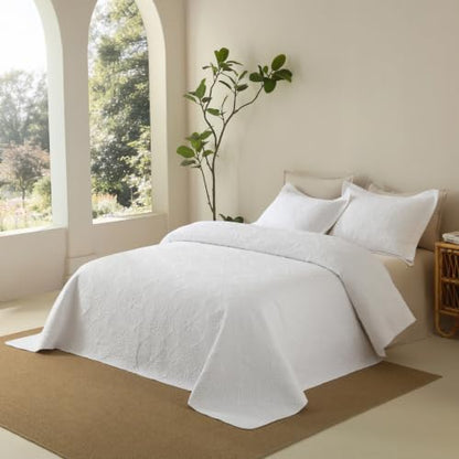 MarCielo 3pcs Cotton Quilt Set, White Floral Medallion