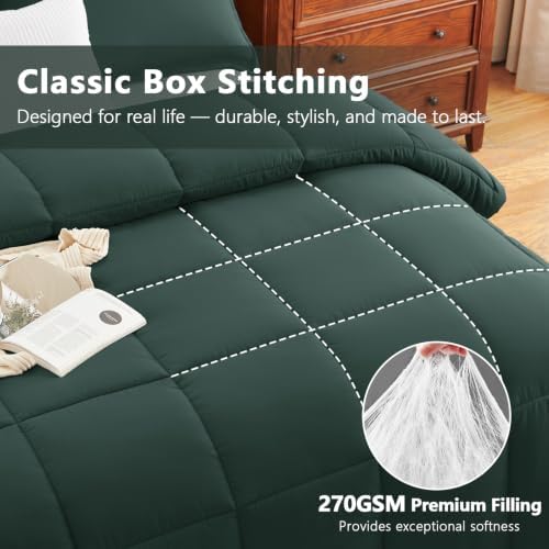 CozyLux Queen Size Comforter Set, 3-Piece Box-Stitched, Forest Green