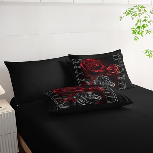 AILONEN Black and Red Rose Comforter Set Queen,7-Piece Flower Bed in a Ba,Soft Comforter & Fitted Sheet with Flat Sheet & 2 Pillowcases,2 Pillow Shams for Bedroom