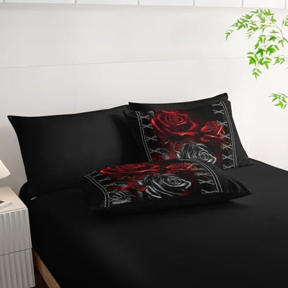 AILONEN Black and Red Rose Comforter Set Queen,7-Piece Flower Bed in a Ba,Soft Comforter & Fitted Sheet with Flat Sheet & 2 Pillowcases,2 Pillow Shams for Bedroom