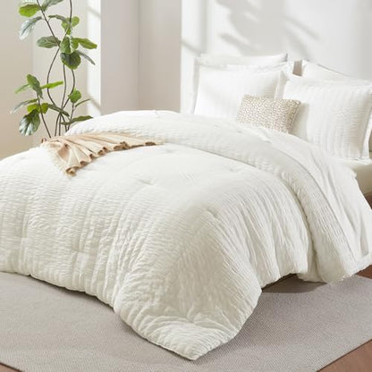 CozyLux California King Comforter Set 7-Piece Ivory Seersucker Bed in a Bag
