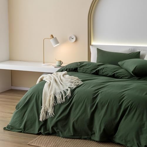 JIYUAN Queen Washed Cotton Duvet Cover Set, 3-Piece, Relaxed Linen Feel