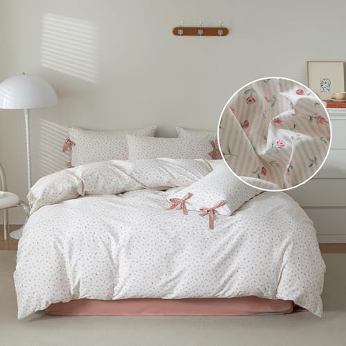 Pink Flower Duvet Cover Twin Vintage Floral Pink Stripes Duvet Cover Cotton Floral Blossom Comforter Cover Cottagecore Bedding Sets with 2 Bowknot Pillowcases Girls Botanical Floral Duvet Cover Set