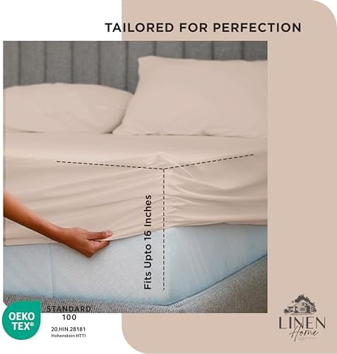 Linen Home 100% Cotton Percale Fitted Sheet only, Full Size, Sand Shell