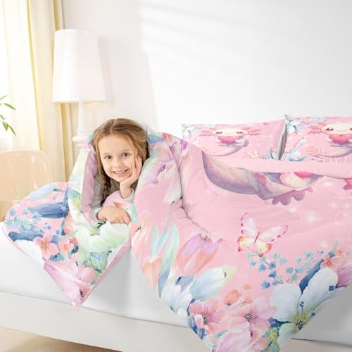 Feelyou Pink Cute Axolotl Comforter Set Queen Size Kids Cartoon Salamander Bedding Set for Boys Girls Flower Floral Print Duvet Quilt Kawaii Reptile Animal Ocean Sealife Room Decor