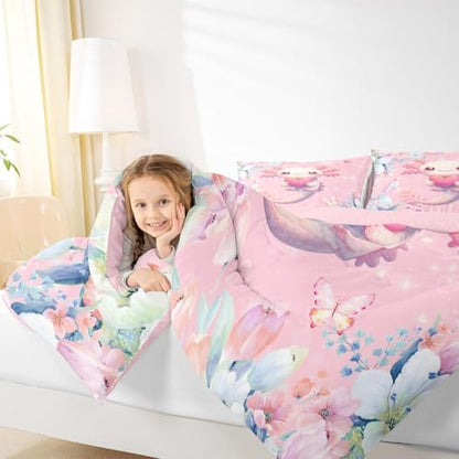 Feelyou Pink Cute Axolotl Comforter Set Queen Size Kids Cartoon Salamander Bedding Set for Boys Girls Flower Floral Print Duvet Quilt Kawaii Reptile Animal Ocean Sealife Room Decor