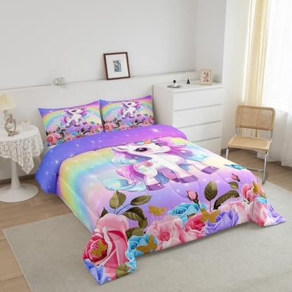 Cute Unicorn Kids Comforter Set Queen Size,Rainbow Starry Sky Roses Dreamy Bedding Set,Girls Women Room Decor,Cartoon Animals Flowers Down Comforter,Pink Purple Unique Duvet Insert,2 Pillowcases