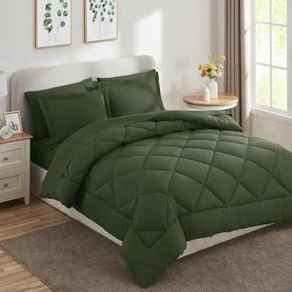 CozyLux Full Comforter Set 82"x86" Olive Green - 7 Piece Bed in a Bag